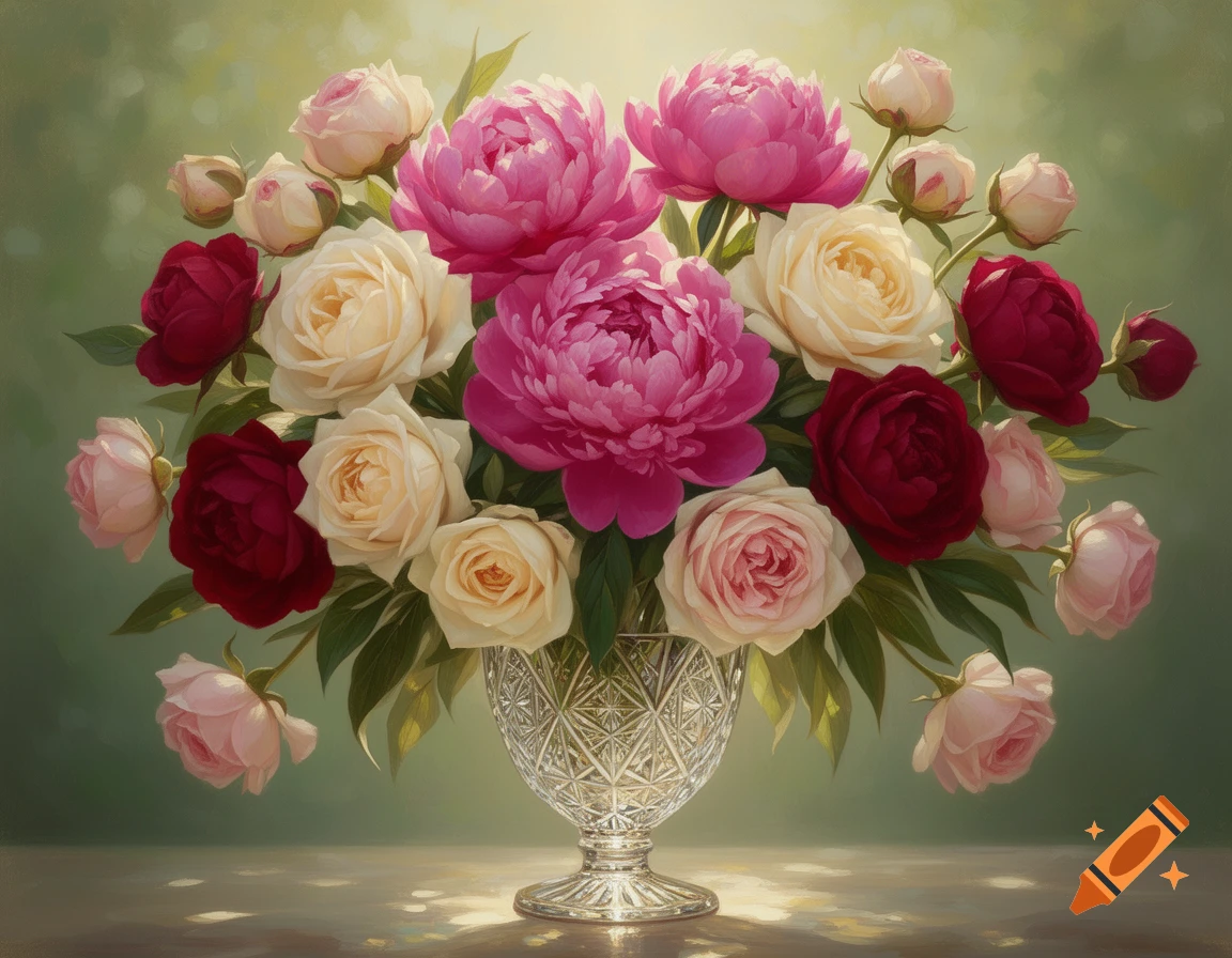 A vibrant bouquet of pink peonies, white roses, and deep red roses arranged in an elegant crystal vase, set against a soft green background.