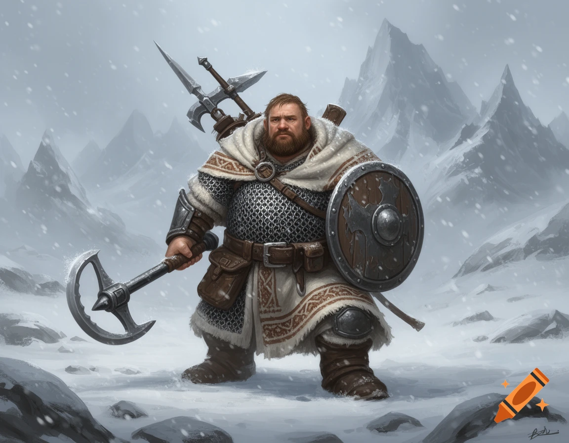A heavily armored dwarf warrior with a beard holds a shield and war pick in a snowy mountain landscape, a halberd on his back, digital painting style.