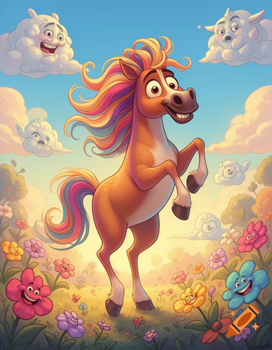 A cheerful cartoon horse with a rainbow mane rears in a field of smiling flowers and expressive clouds under a blue sky.