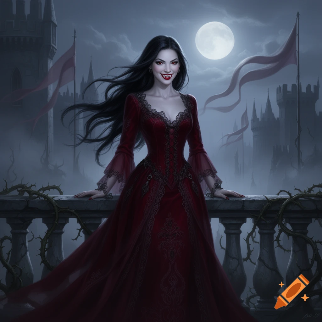 A beautiful female vampire with long black hair, red eyes, and fangs smiles, leaning on a gothic balcony overlooking a castle under a full moon.