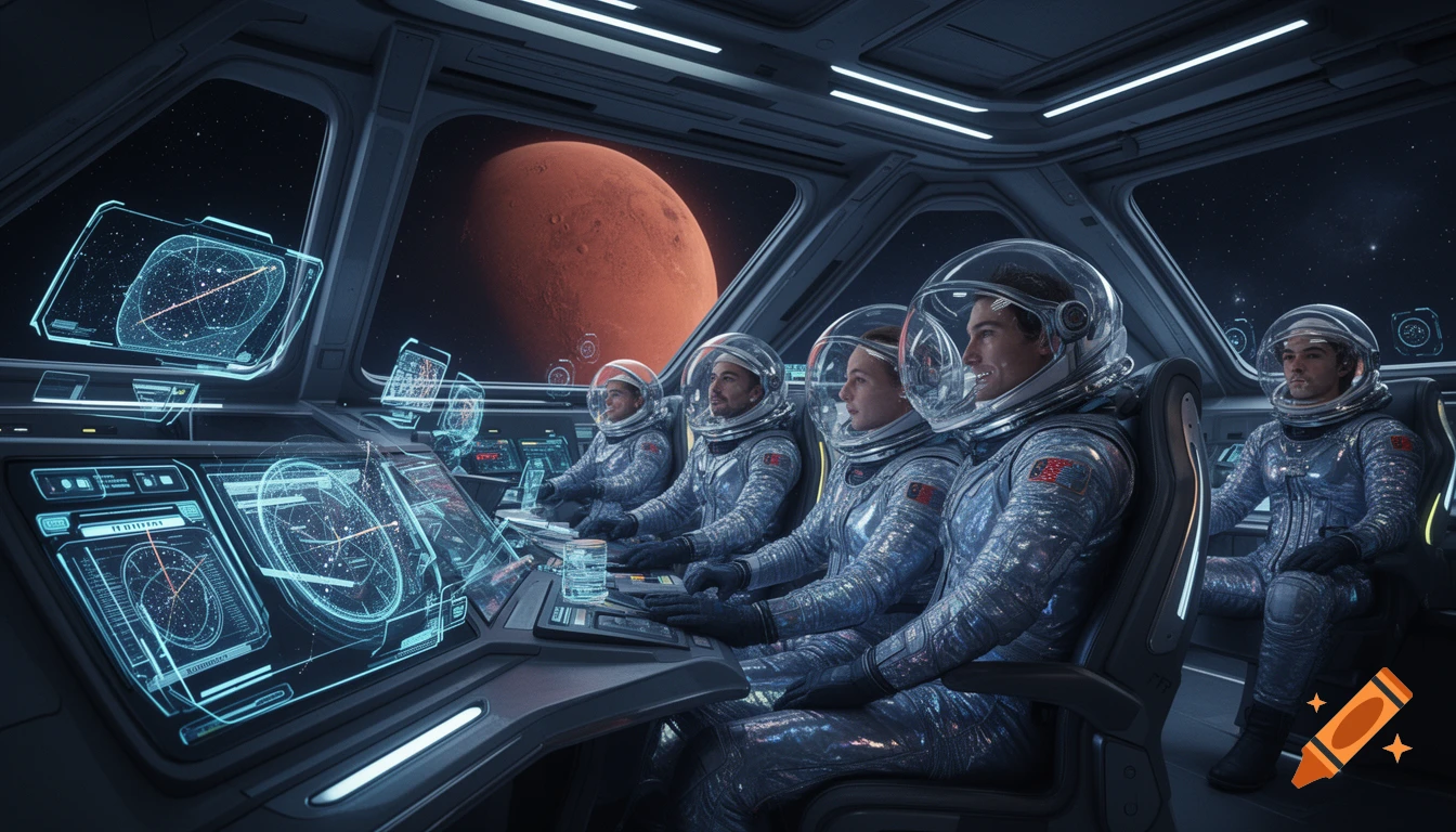 Five astronauts in a spaceship cockpit with transparent helmets, looking at a large red planet (Mars) through the window, surrounded by glowing blue holographic displays.