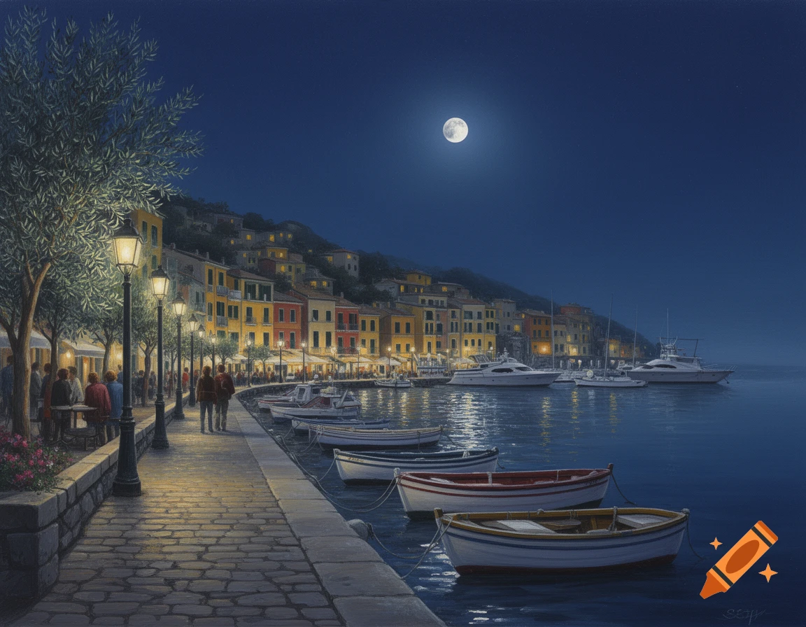 A realistic painting of a moonlit coastal town at night with colorful buildings, a busy promenade, and boats docked in the harbor.
