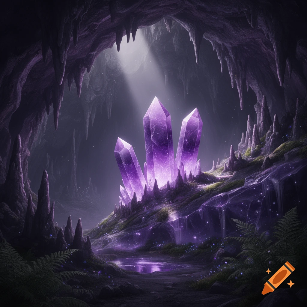 Large glowing purple crystals illuminate a dark cave with stalactites and a beam of light.