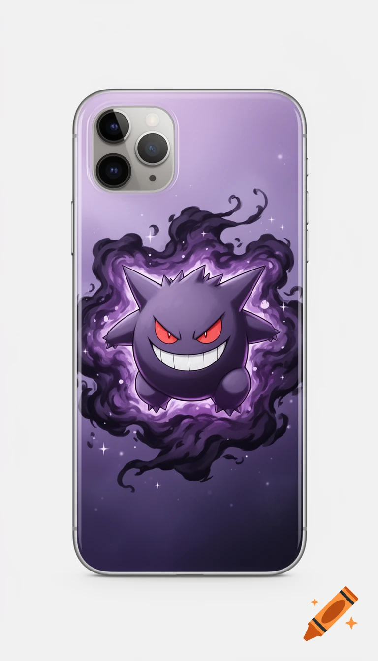 An illustration of a menacing purple Gengar Pokemon surrounded by dark energy on a light purple iPhone case.