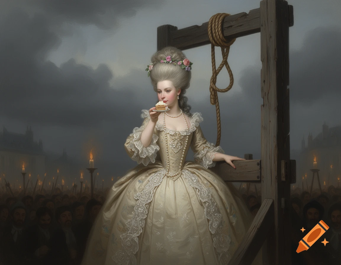 Painterly depiction of Marie Antoinette in a lavish gown eating cake on gallows, a somber crowd below.