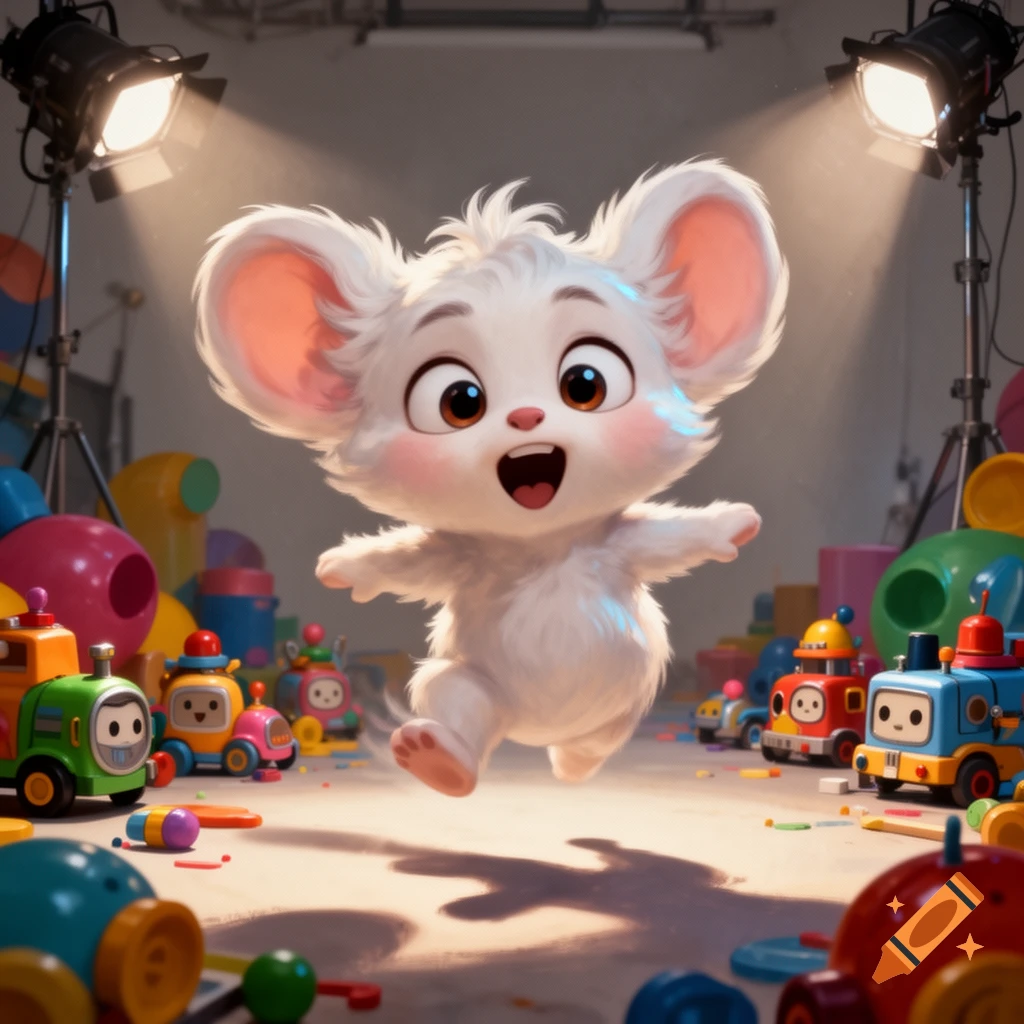A cute, fluffy white cartoon mouse jumps happily amidst colorful toys under bright studio lights.