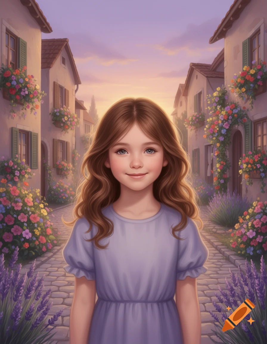 Smiling young girl with brown hair in a lavender dress stands on a ...