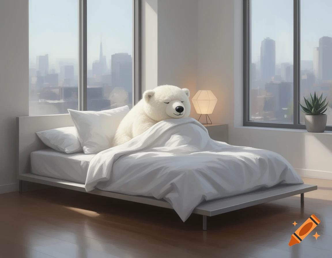 Fuzzy polar bear plushie sleeping peacefully in a minimalist bed in a modern apartment with a city view.