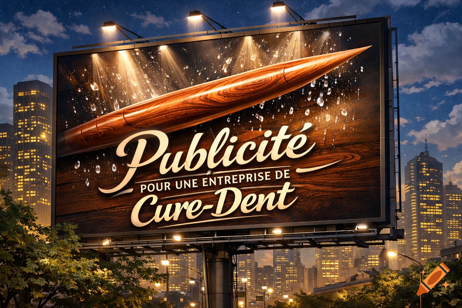 A large illuminated billboard in a city at night advertises a toothpick company with a giant wooden toothpick and text.