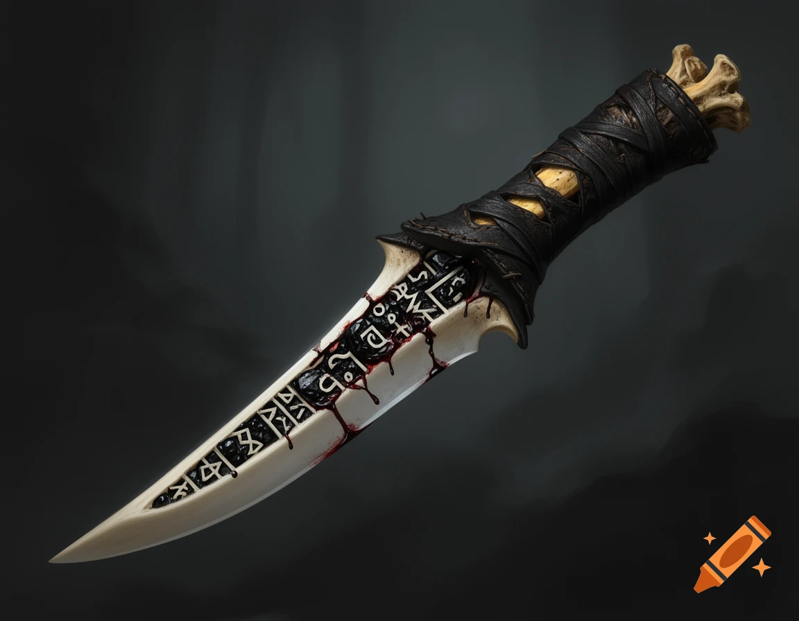 A dark fantasy dagger with a bone handle wrapped in black leather, an ivory blade with black obsidian glyphs, and blood streaks.