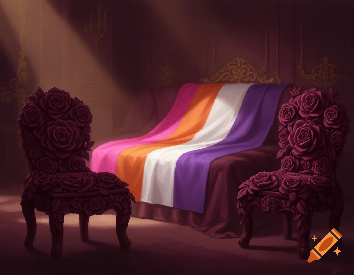 A dark, ornate room featuring two chairs covered in roses and a bed draped with a lesbian flag.