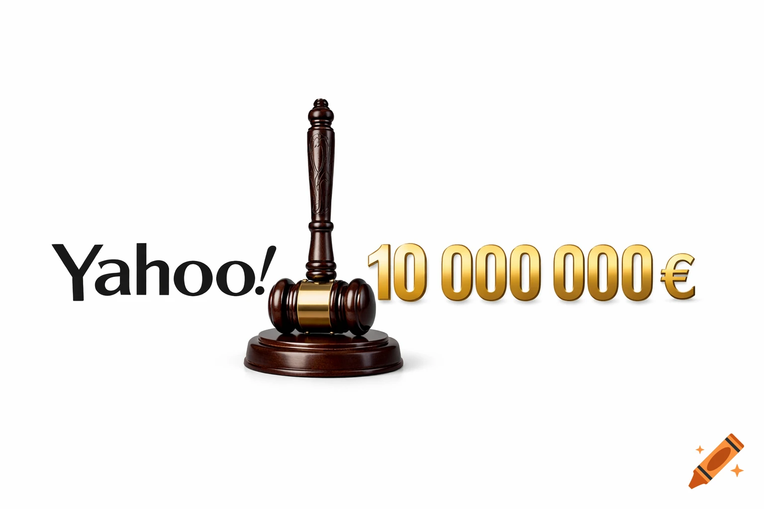 The Yahoo! logo, a judge's gavel, and '10,000,000 0' in gold, all on a white background in a photorealistic style.