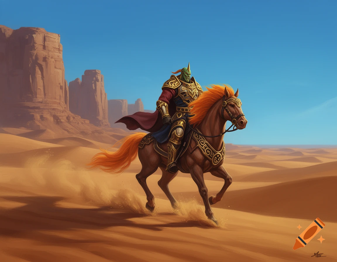 A green-skinned warrior in golden armor rides a brown horse with a fiery orange mane and tail through a sandy desert with rock mesas under a blue sky.