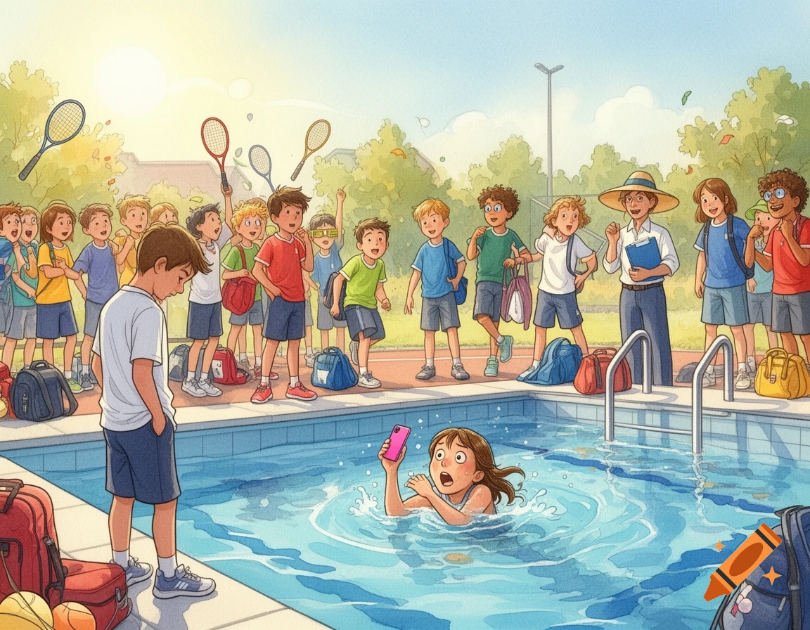 Picture book illustration: A girl in a pool, holding a pink phone, looks shocked. A guilty boy, classmates, and a teacher watch.