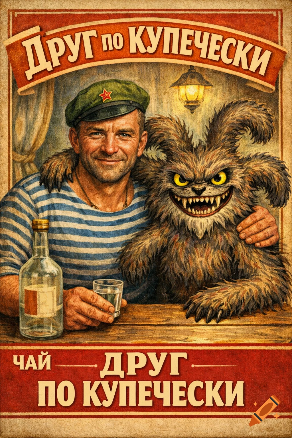 Retro illustration poster of a smiling man in a striped shirt and cap, holding vodka and embracing a grinning, furry monster, with Cyrillic text.