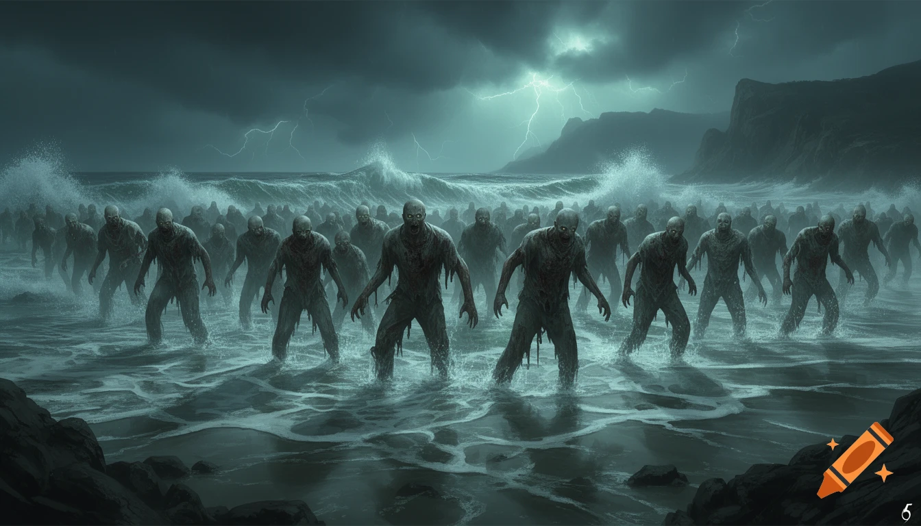 A horde of decaying zombies rises from a stormy, dark ocean with crashing waves under a lightning-streaked sky.