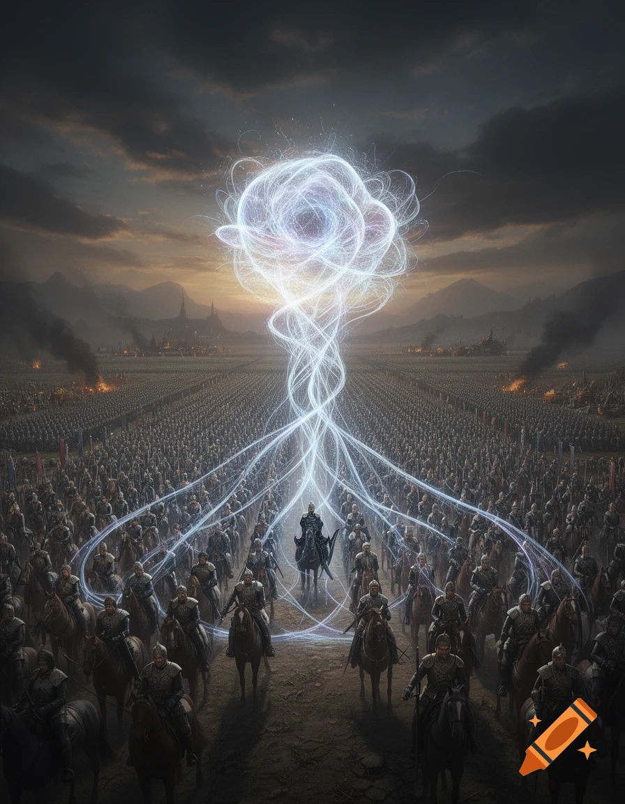 A lone warrior on horseback faces a vast army under a stormy sky, illuminated by a glowing, swirling energy anomaly.