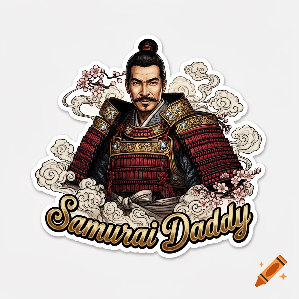 A sticker illustration of a stern samurai man with a mustache and topknot, wearing red and gold armor, surrounded by clouds and cherry blossoms. The text 'Samurai Daddy' is below.
