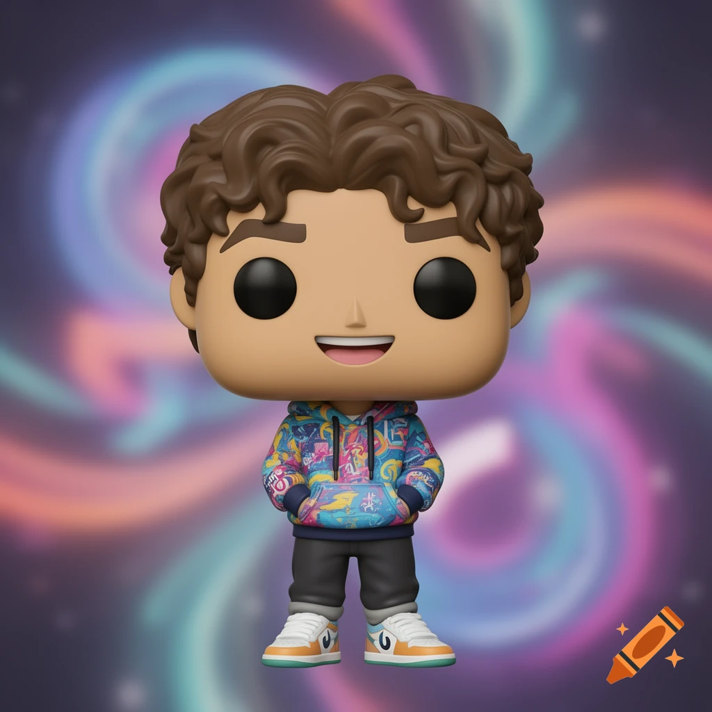 Funko Pop figure of a young man with curly brown hair, smiling, wearing a vibrant patterned hoodie and sneakers, against a colorful swirling background.