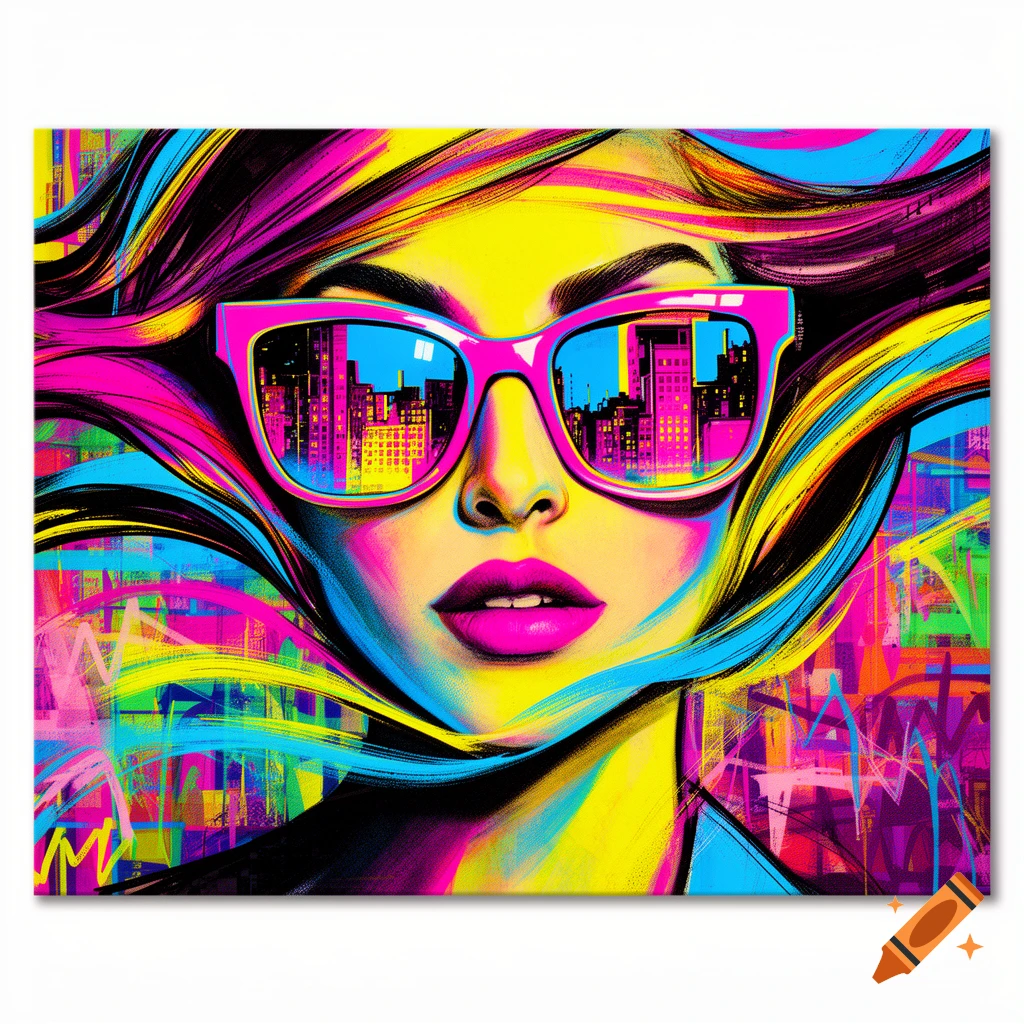 A vibrant pop art portrait of a woman with neon pink glasses reflecting a cityscape, surrounded by colorful abstract strokes.