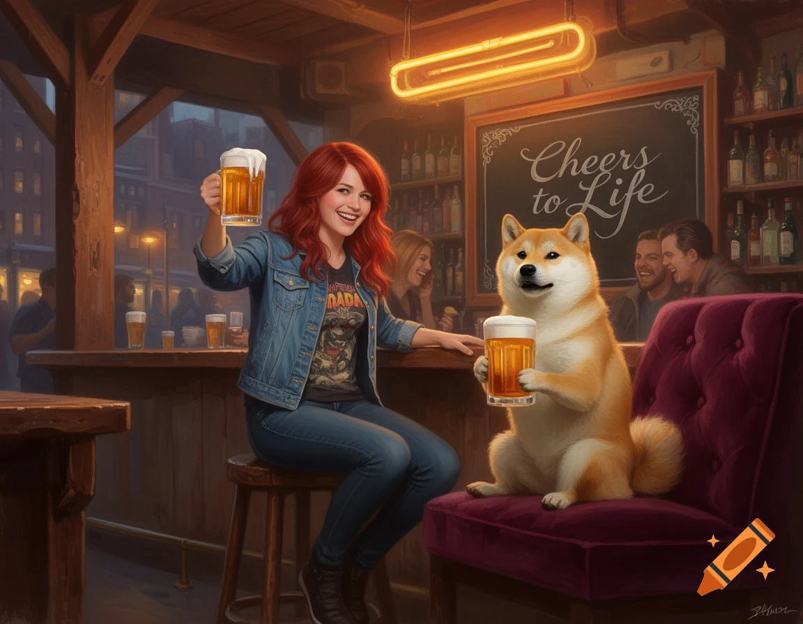 A smiling woman with red hair and a Shiba Inu dog clinking beer mugs in a cozy, dimly lit bar.