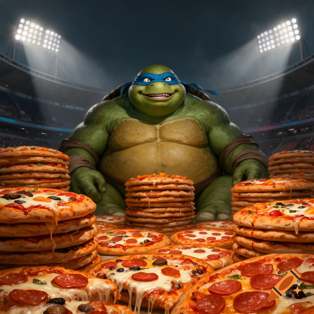 A giant, overweight Leonardo the Ninja Turtle sits in a stadium, surrounded by immense piles of pizza.