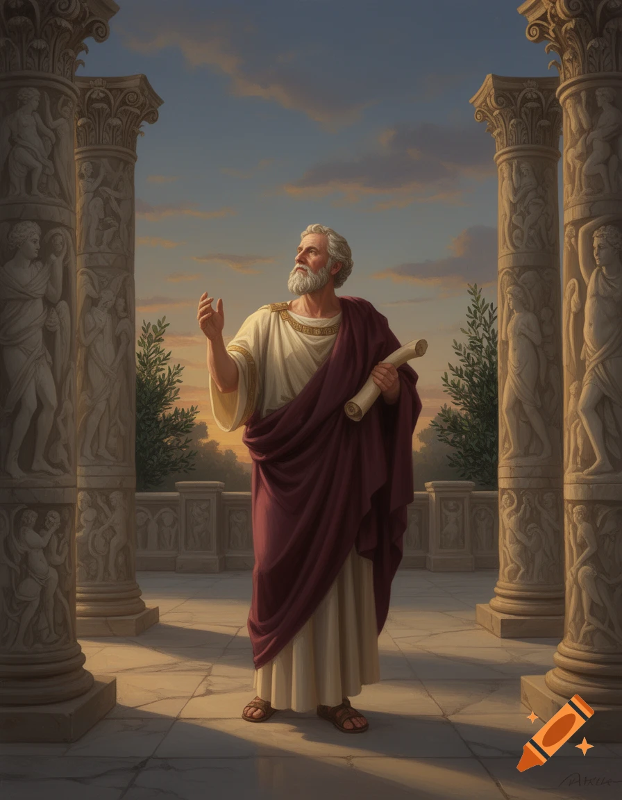 A wise, bearded man in classical Roman robes holds a scroll, standing among ornate columns at sunset.