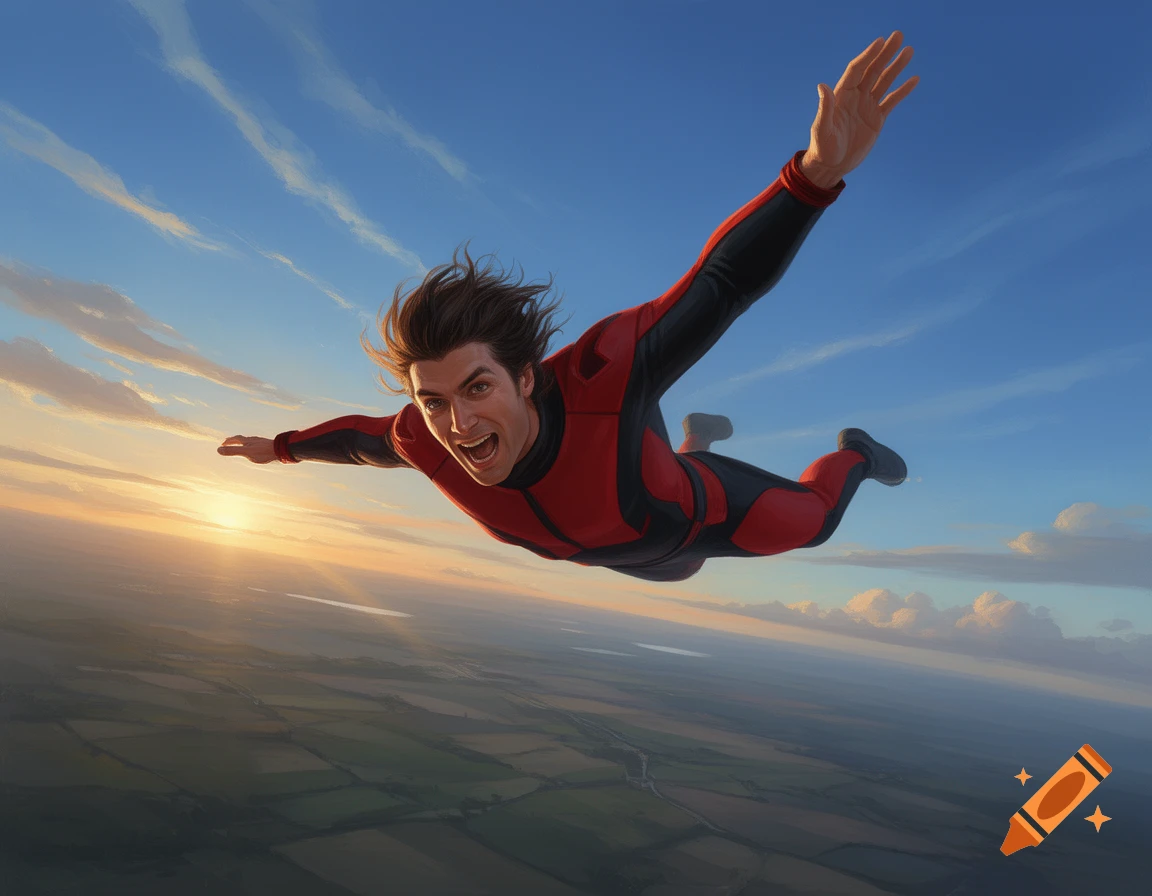 Man in red and black suit skydiving with arms spread, soaring against a vibrant sunset over a sprawling green landscape.