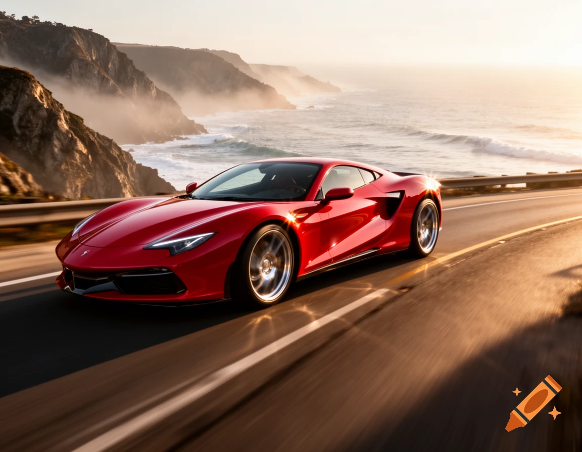 A sleek red sports car drives on a coastal highway at sunset, with ocean waves and cliffs in the background, photorealistic.