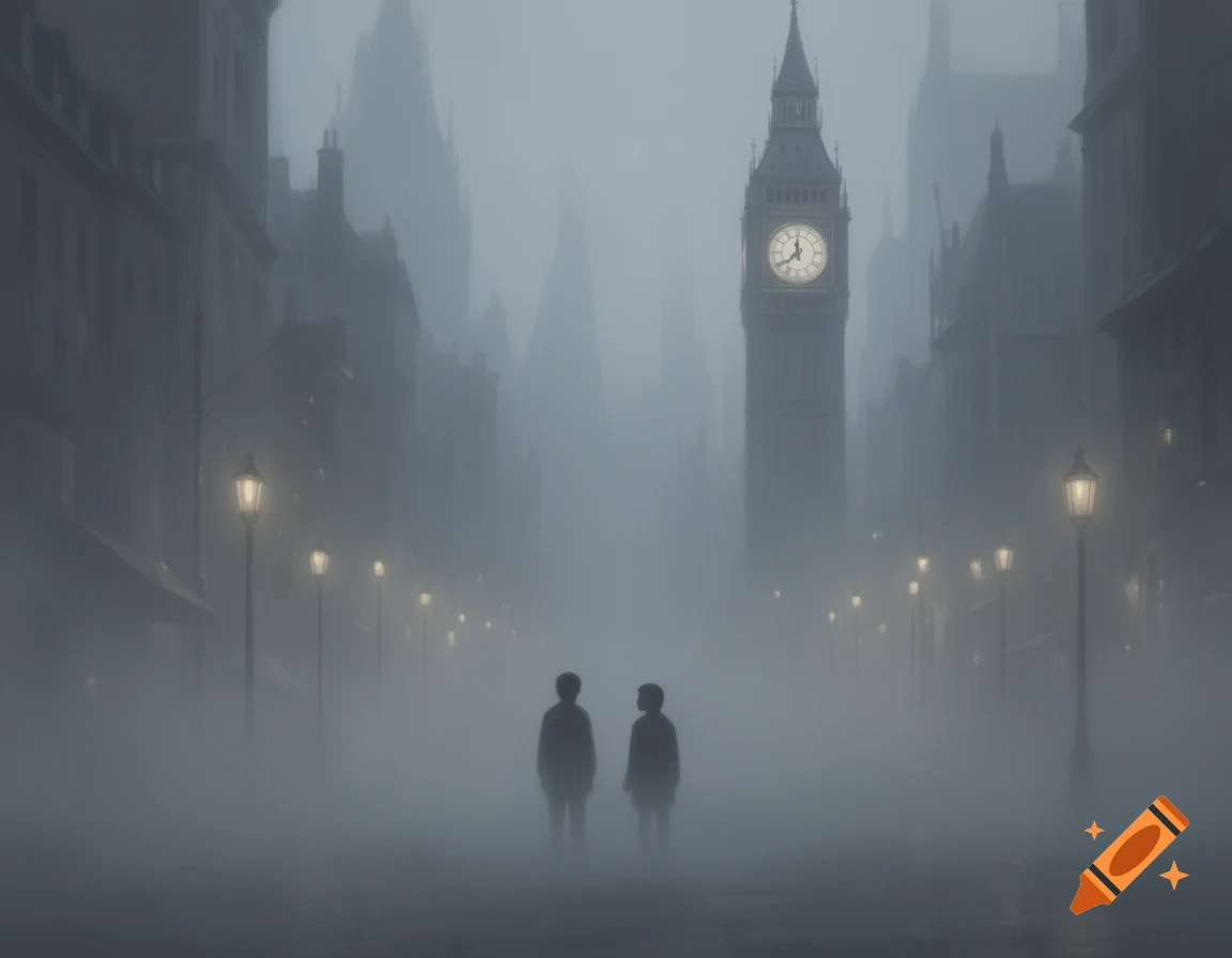 Two silhouettes stand in a thick foggy city street with a Big Ben-like clock tower and glowing streetlights in the background.
