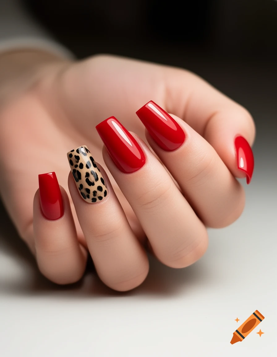 Photorealistic close-up of a hand with glossy bright red acrylic nails, featuring a leopard print design on the middle finger.