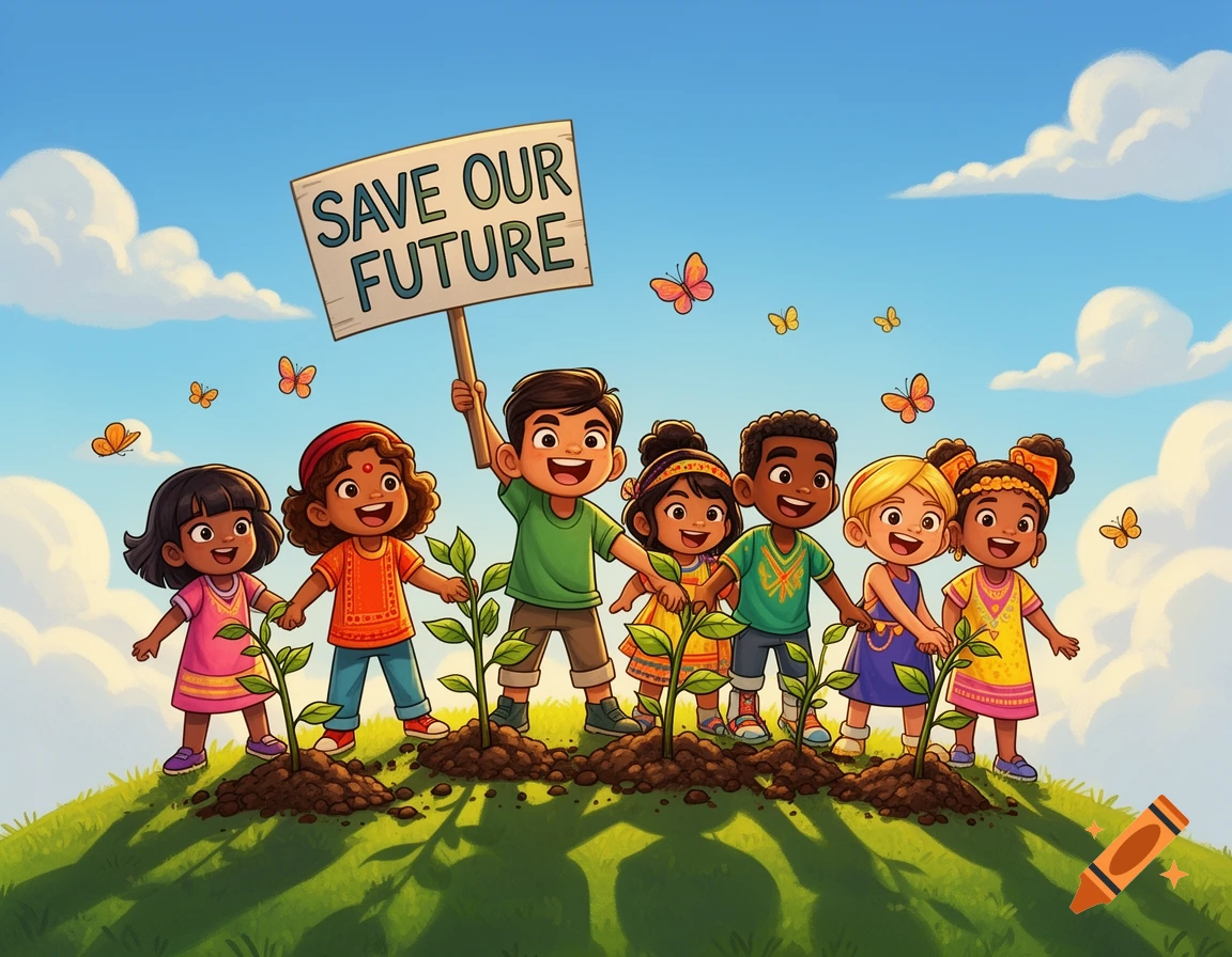 Cartoon illustration of diverse children planting trees on a hill, holding a sign that reads 'SAVE OUR FUTURE' under a blue sky with butterflies.
