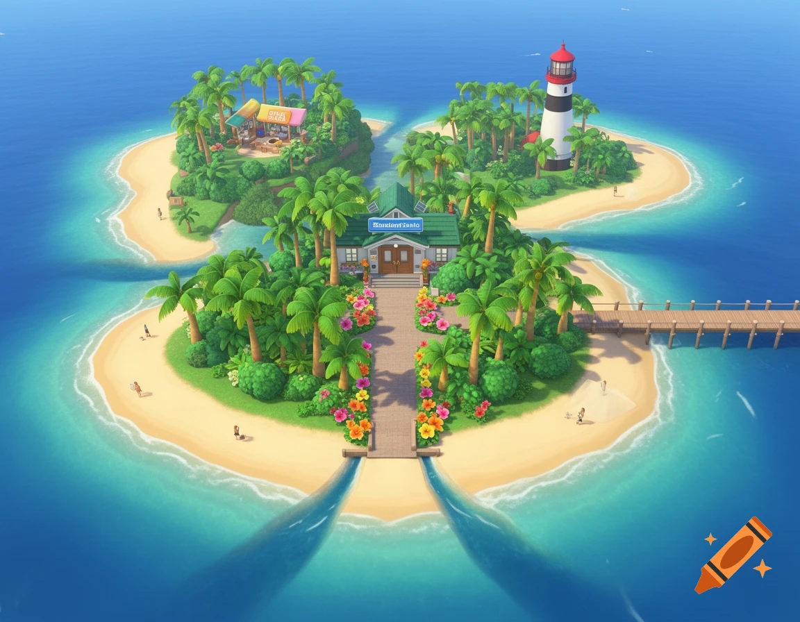 Isometric view of a vibrant tropical island resort with a main building, juice bar, lighthouse, sandy beaches, palm trees, and a pier.