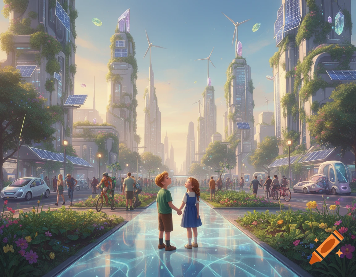 Two children hold hands on a glowing path in a vibrant solarpunk city ...