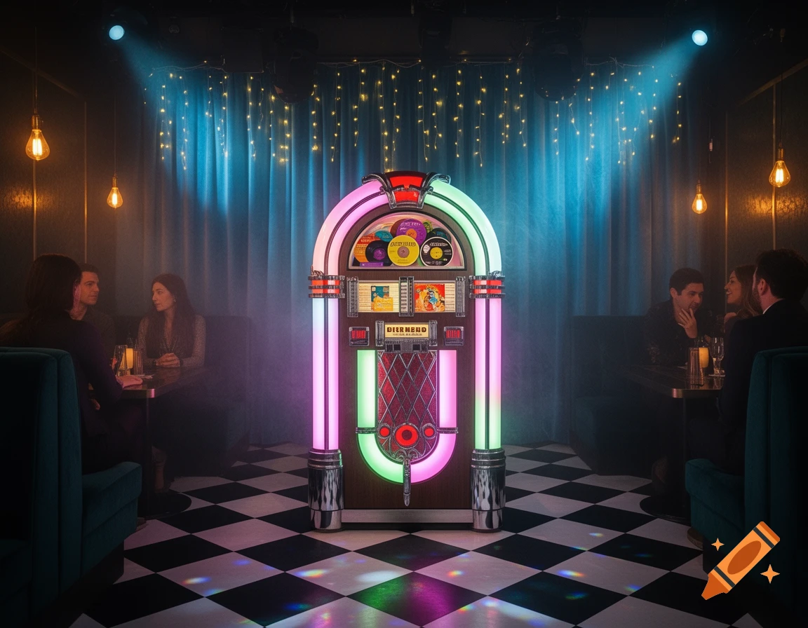 Neon-lit jukebox on a black and white checkered floor in a dimly lit club with seated patrons.