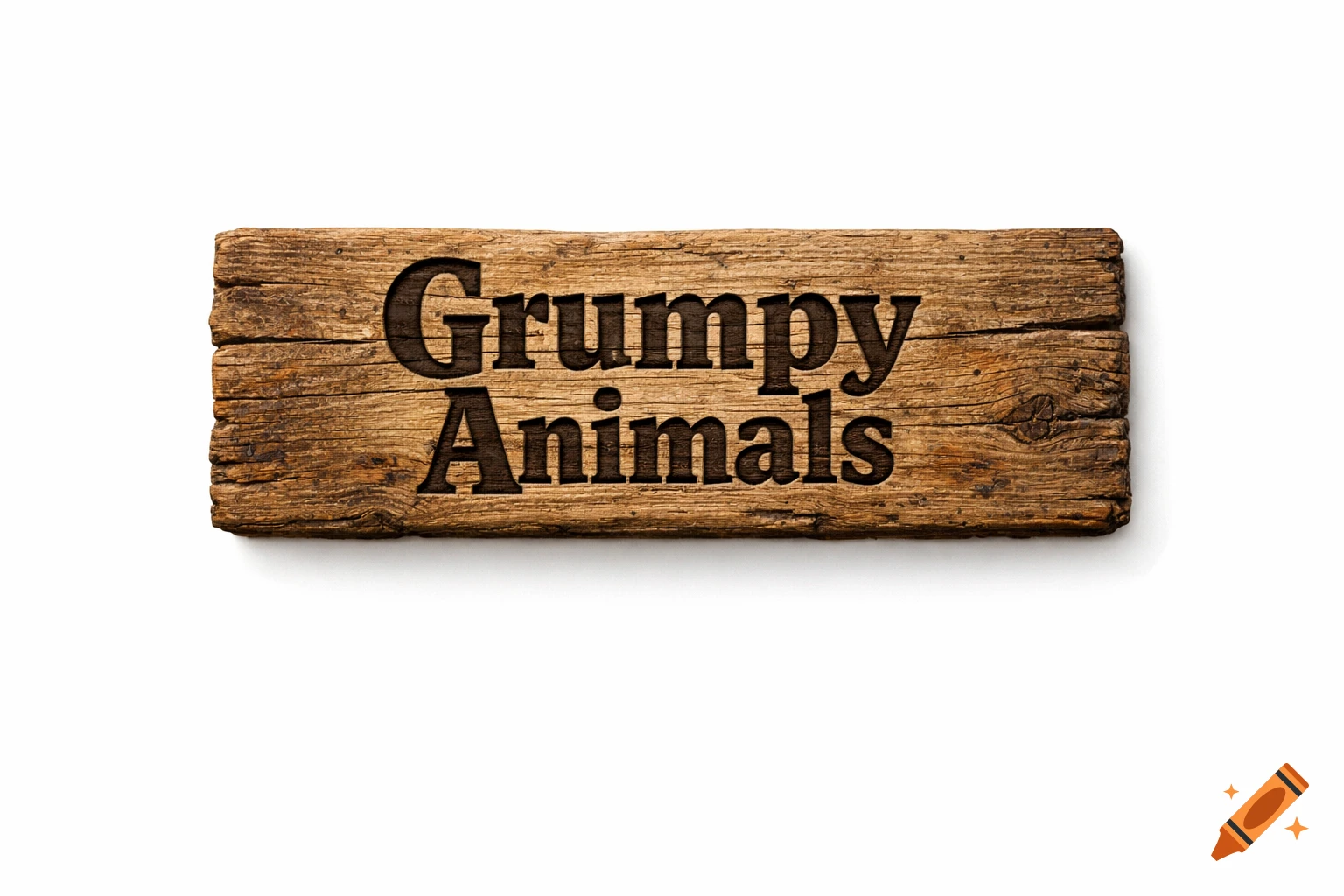 Weathered wooden plank sign with 'Grumpy Animals' carved into it on a white background.