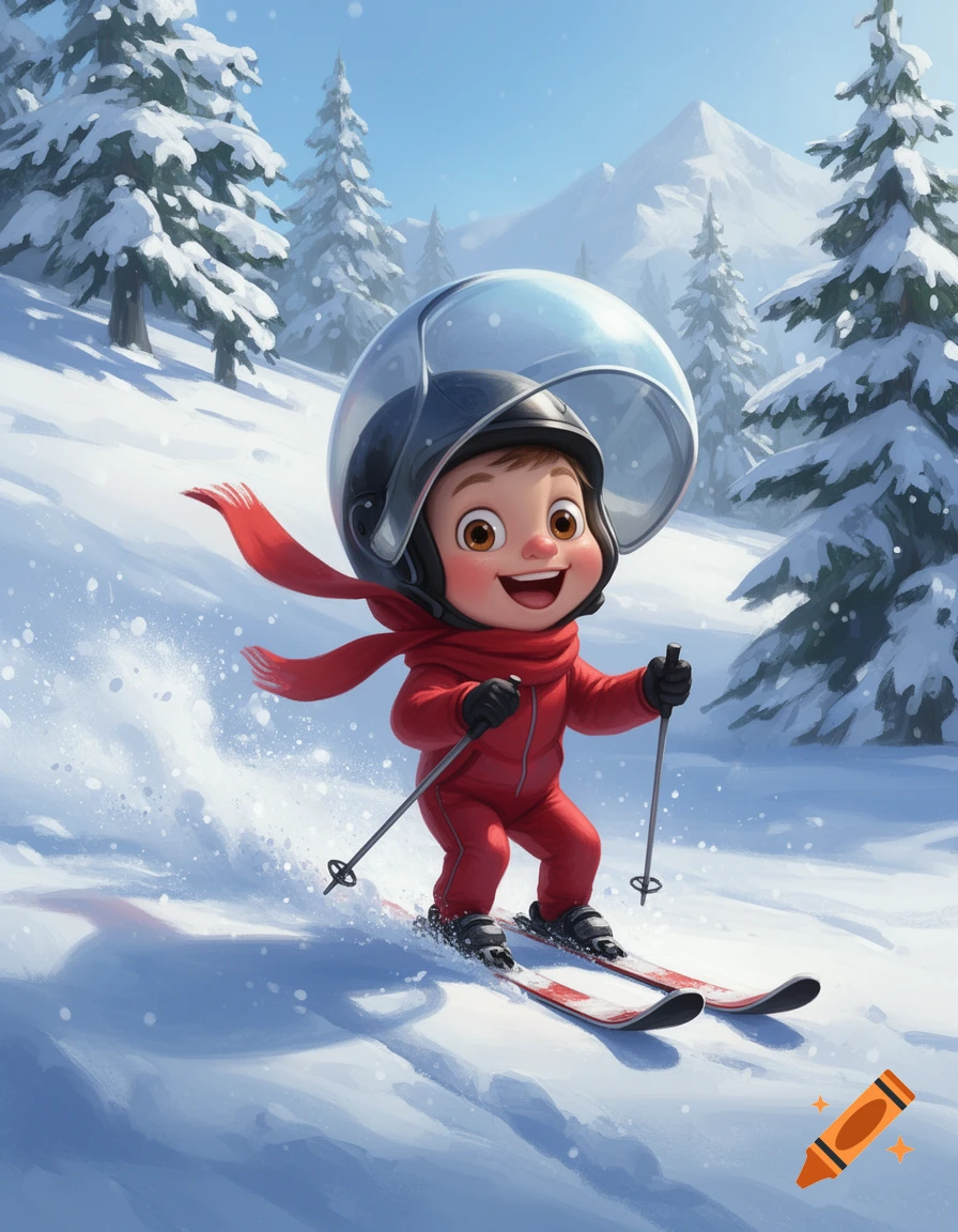 A happy cartoon boy in a red snowsuit and large clear helmet skis down a snowy mountain with pine trees, creating snow spray.