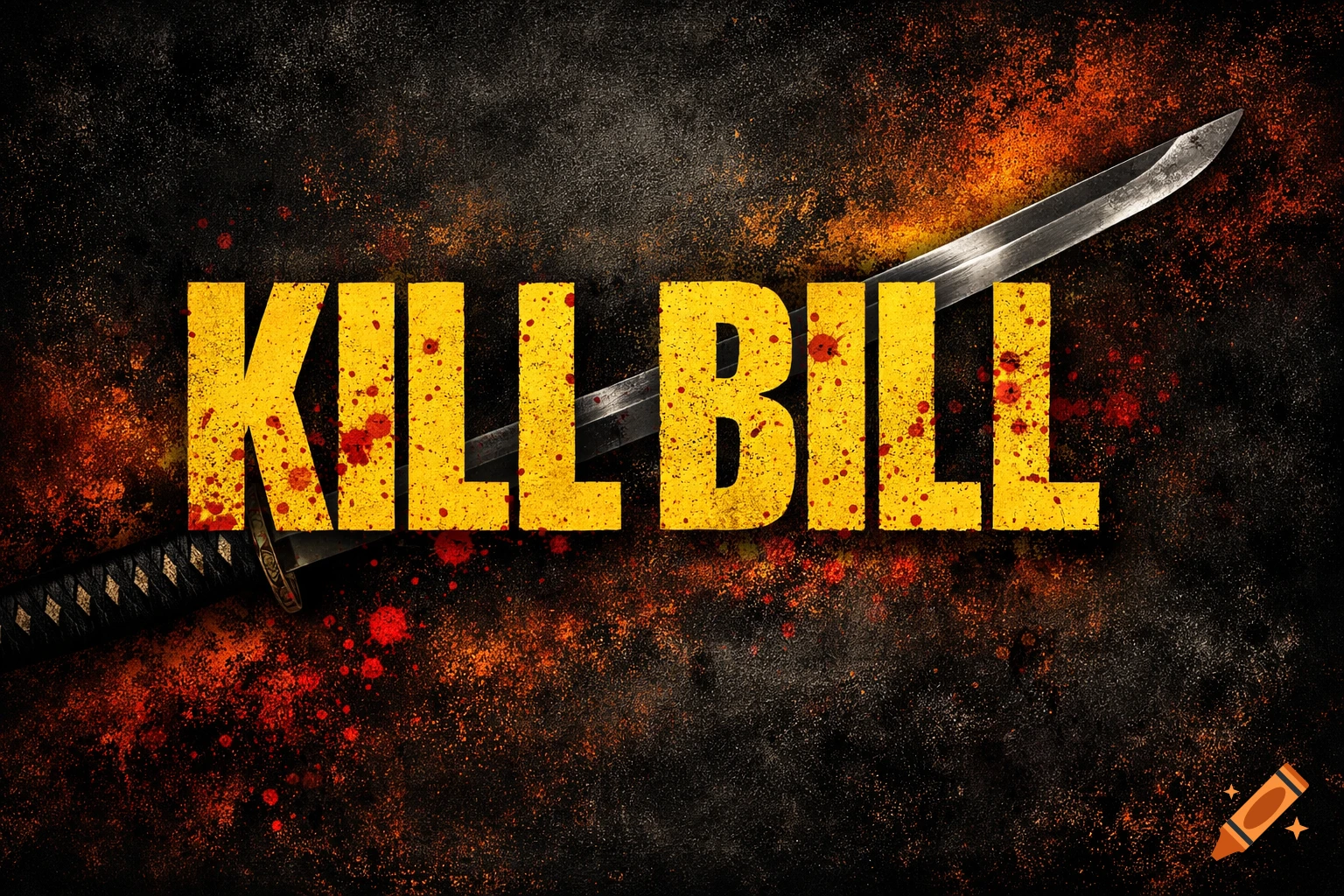 The yellow text 'KILL BILL' over a katana on a dark, gritty background with red and orange splatter effects.