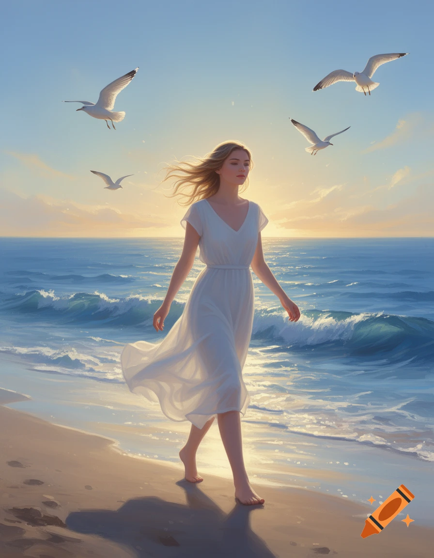 A woman in a white dress walks barefoot along a beach at sunset, with ...