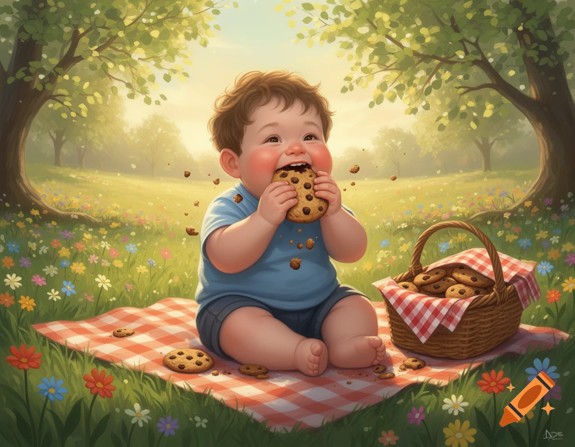 A chubby baby happily eats a chocolate chip cookie during a picnic on a red and white checkered blanket in a sunny, flower-filled park.