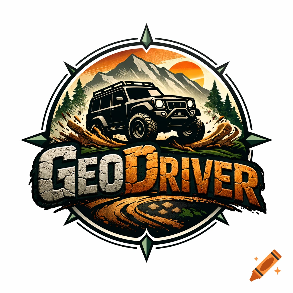 A vibrant logo for GeoDriver featuring a black off-road SUV on a dirt path, mountains, pine trees, a sunset, and compass points.