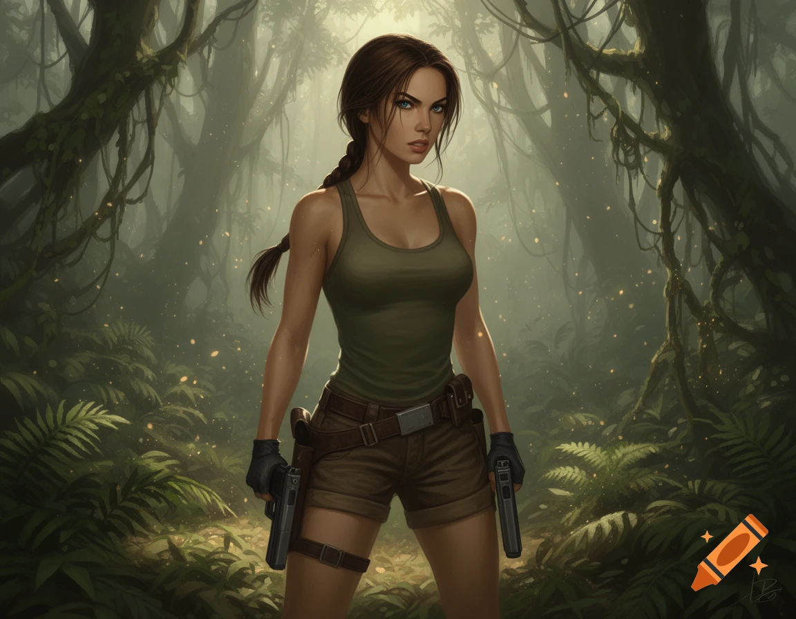 A digital art rendering of Lara Croft standing in a misty jungle, holding two pistols, looking intently forward.