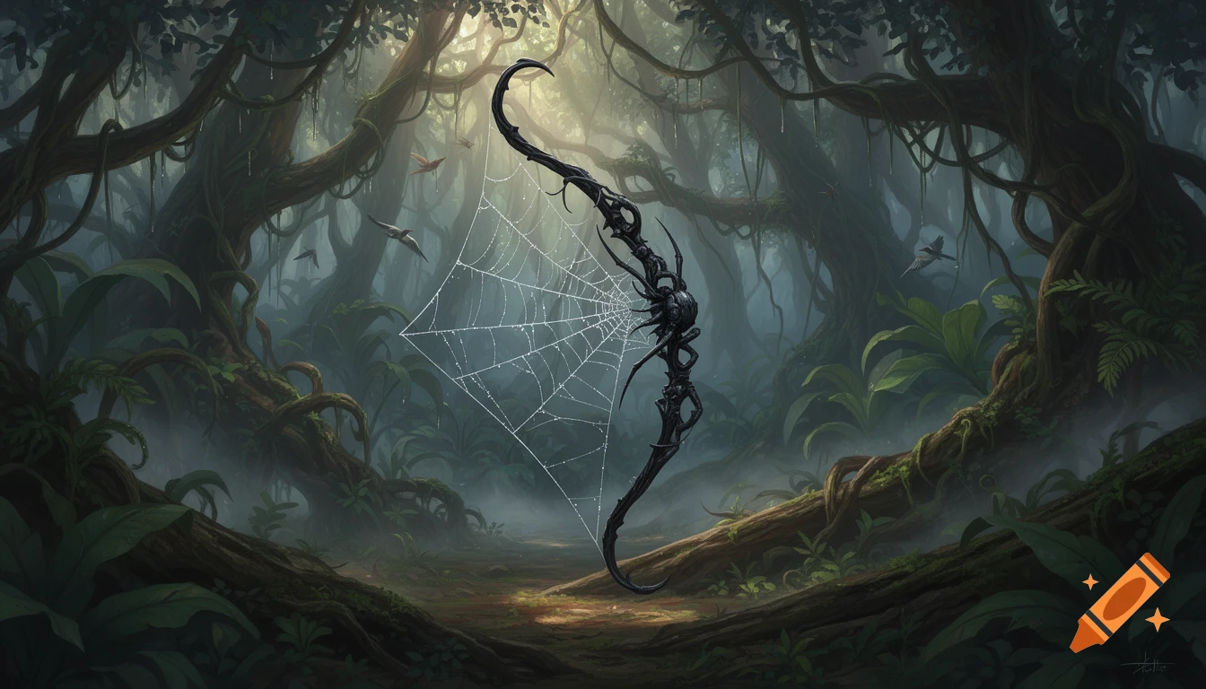 A gnarly black bow resembling spider legs with a spiderweb string rests in a misty, tangled dark fantasy jungle.
