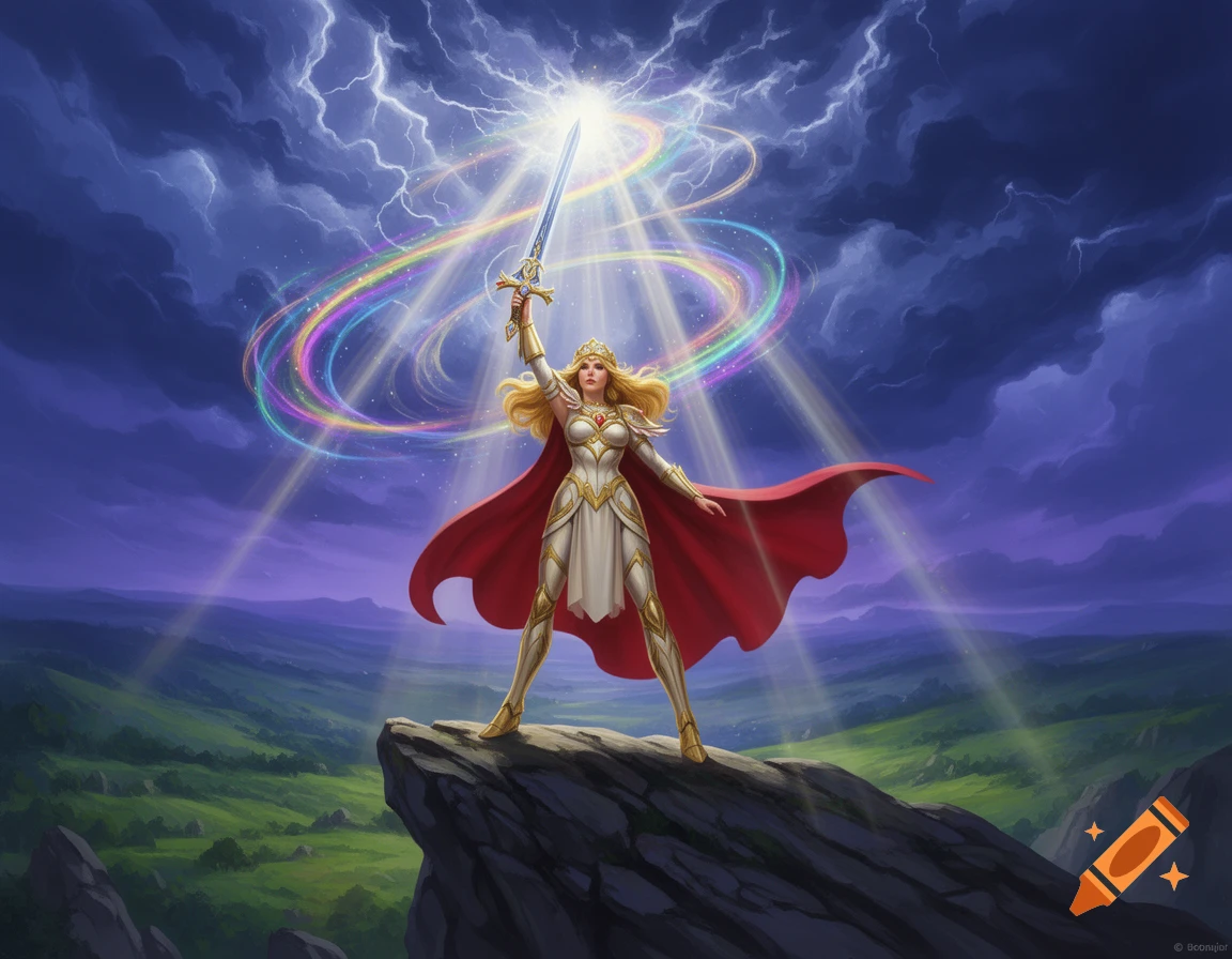 Princess Adora raises a glowing sword to a stormy sky with lightning and a rainbow aura, standing on a cliff overlooking a green valley.