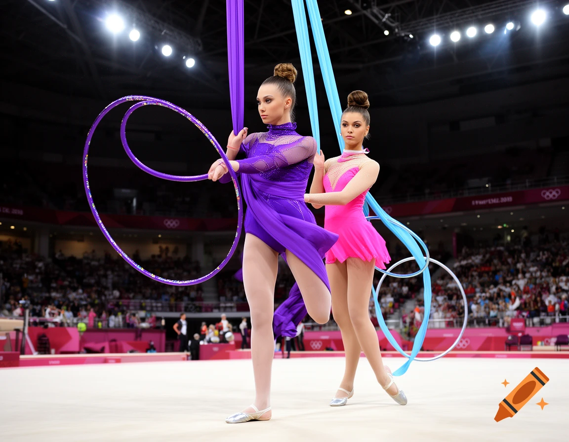 Two rhythmic gymnasts perform in an Olympic stadium. One in purple holds a purple hoop, the other in pink holds a blue ribbon and hoop.
