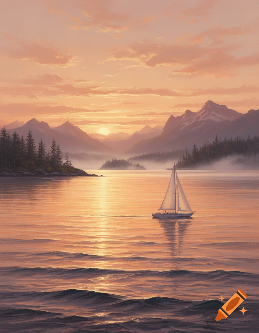 Painting of a sailboat on calm water with a vibrant orange sunset, flanked by misty mountains and evergreen trees.