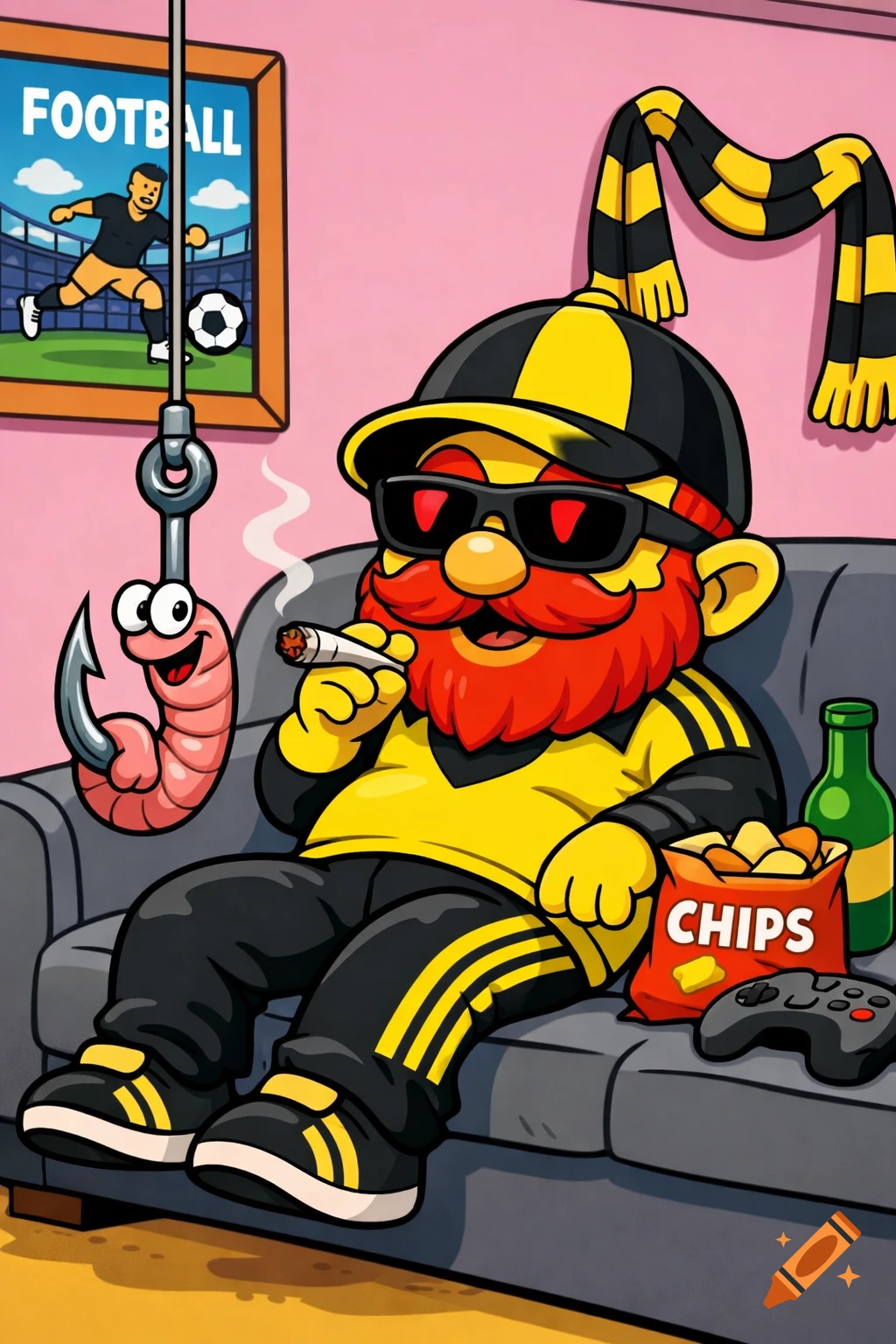 A cartoon gnome with a red beard, sunglasses, and black-yellow outfit smokes a joint on a sofa with chips and a game controller. A worm hangs from a fishing hook, with a football poster and scarf in the background.