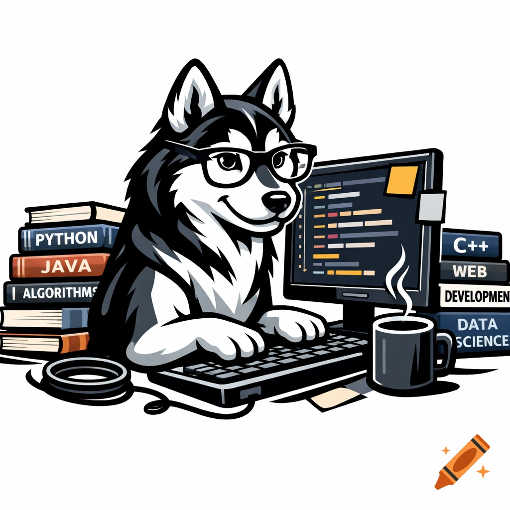 A vector-style logo of a smart husky dog wearing glasses, typing on a computer keyboard with coding books stacked around it.