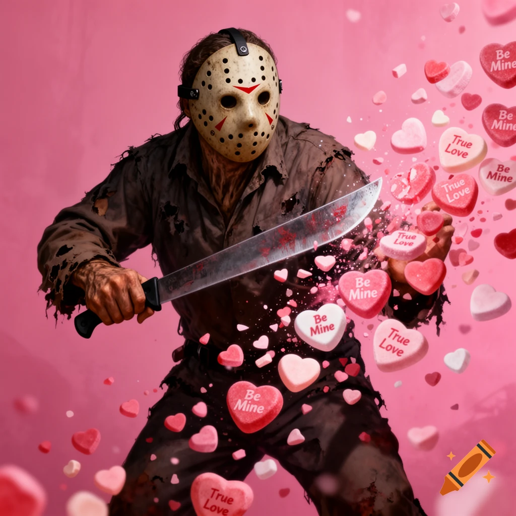 Realistic Jason Voorhees holds a bloody machete, surrounded by flying candy hearts with 'Be Mine' and 'True Love' on a pink background.