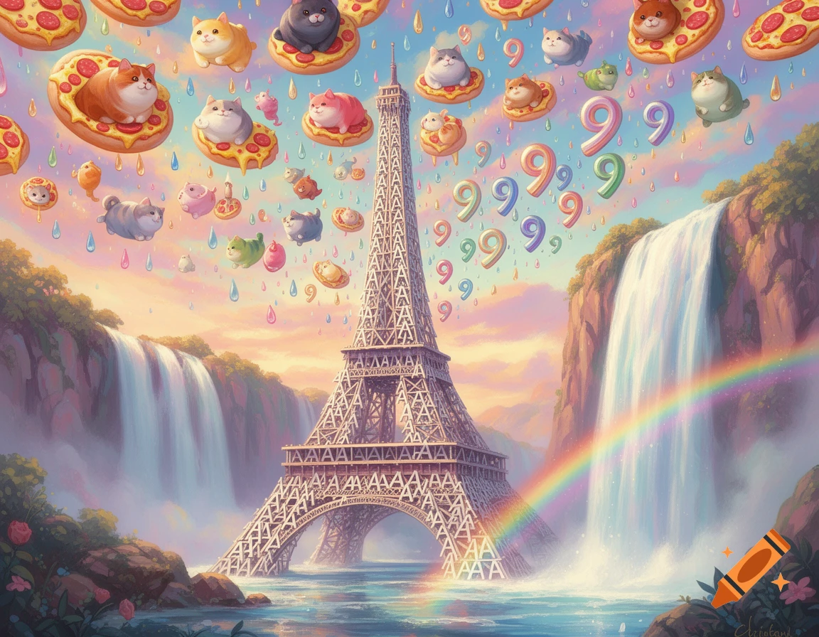 Whimsical scene of cats on pizza raining over an 'A'-patterned Eiffel Tower, waterfalls, and a rainbow.